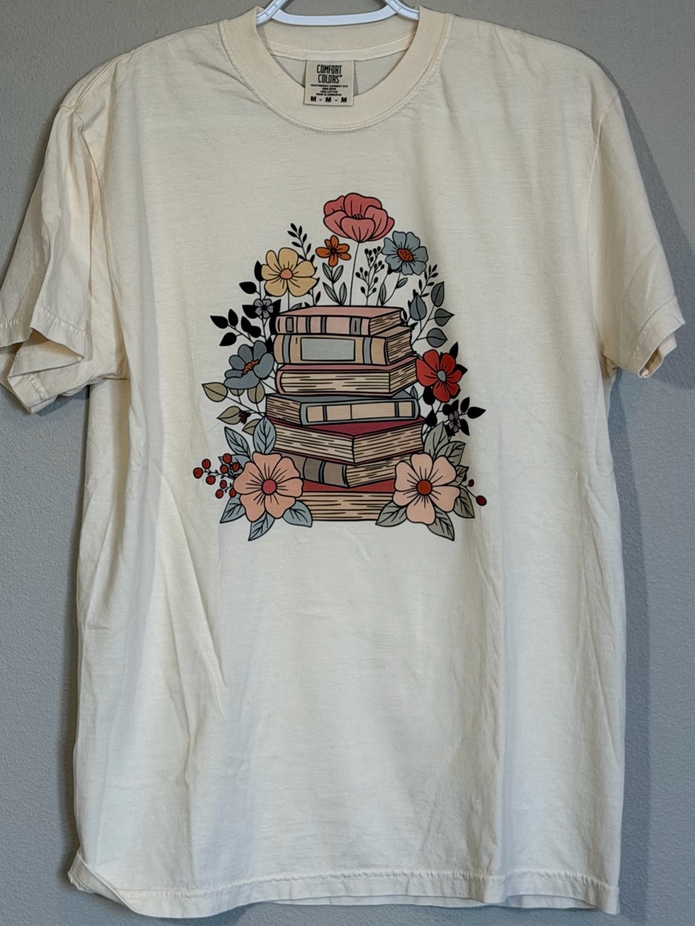 Comfort Colors Cream Tee with Floral Bookstack for Book Lovers